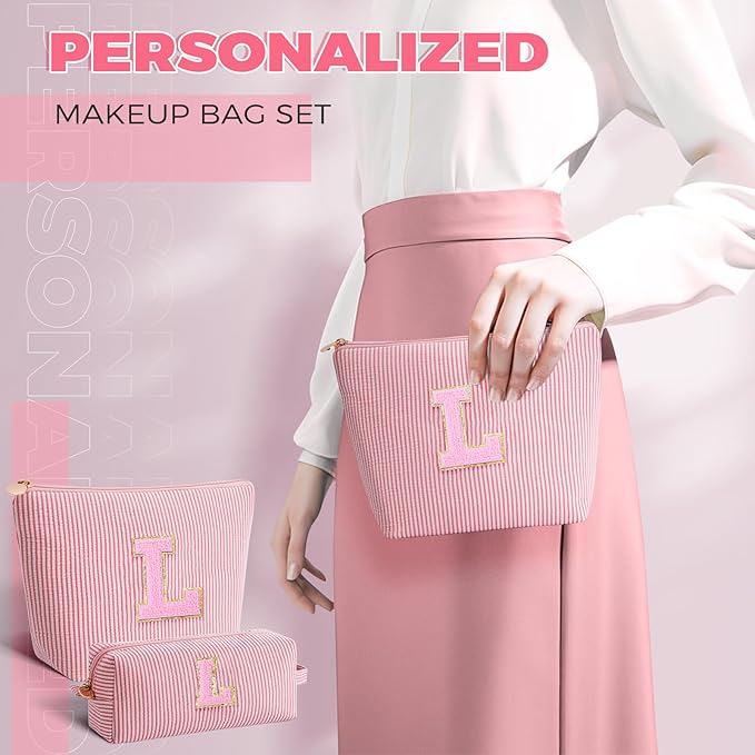 Monogrammed Gifts for Women - Cosmetic Bag for Teen,Initial Cute Makeup Bag Set for Women,Trendy Pouch for Niece Sister Friend Female Her,Birthday Gifts for Daughter - Peach,L