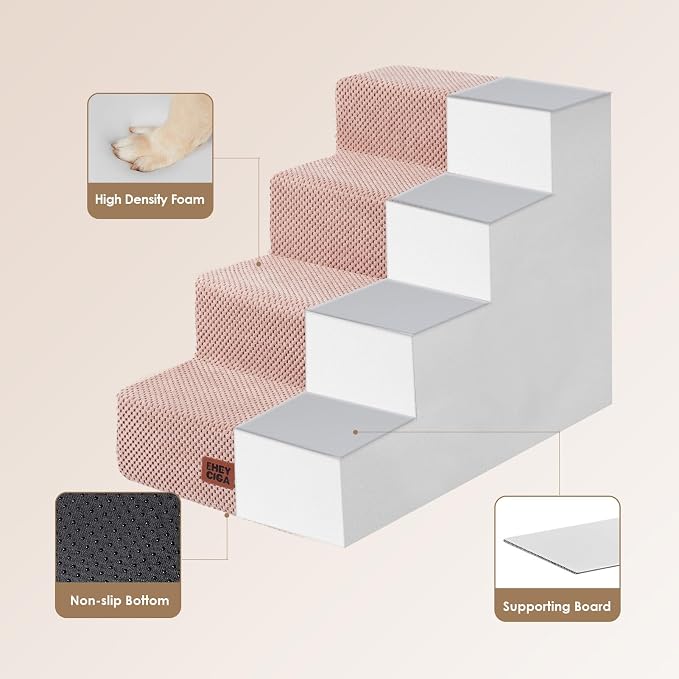 EHEYCIGA Dog Stairs for Bed 18" H, 4-Step Extra Wide Dog Steps for High Bed, Pet Steps for Small Dogs and Cats, Non-Slip Balanced Pet Ramp Indoor, Pink