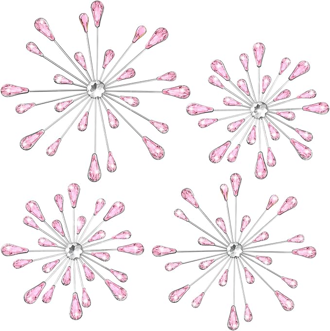 Hicarer 4 Pcs Starburst Wall Decor Bling Wall Art Crystal Teardrop 3D Hanging Rhinestone Radial Metal Artwork Modern Accent Sculptures Decorations for Living Room Home Office Bedroom(Pink)