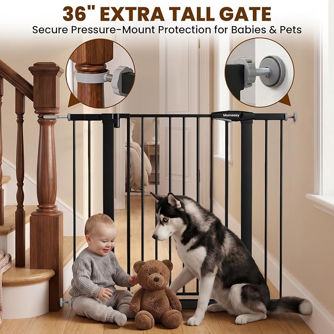 Mumeasy 36" Extra Tall Baby Gate for Stairs, 29.7-43" Auto Close Dog Gate
