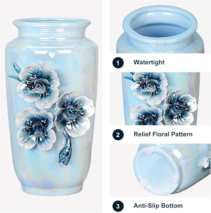 Blue Ceramic Vase 7 Inch - Small Decorative Vase with Floral Pattern, Ideal for Coastal & Modern Home Decor, Bathroom and Shelf Accent