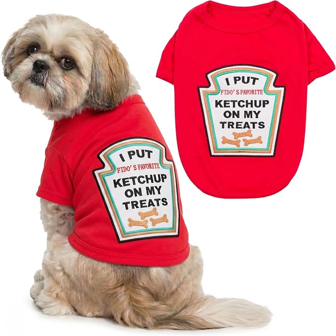 Parisian Pet Ketchup Dog Costume - 100% Cotton Red Dog Clothes for Medium Dogs Boys - Lightweight and Breathable Puppy Outfits - Funny Schitzu Clothes - Cute Pet Shirt - Stretchy T Shirt for Dogs