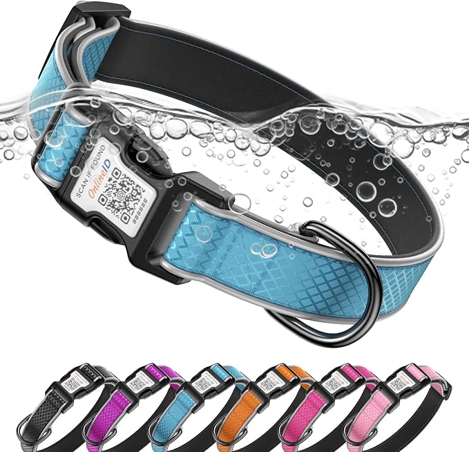 Reflective Dog Collar for Medium Dogs,Personalized Dog Collar with Online Profile, Soft Neoprene Padded,Anti-Lose Function with QR Code Tag System,Blue M
