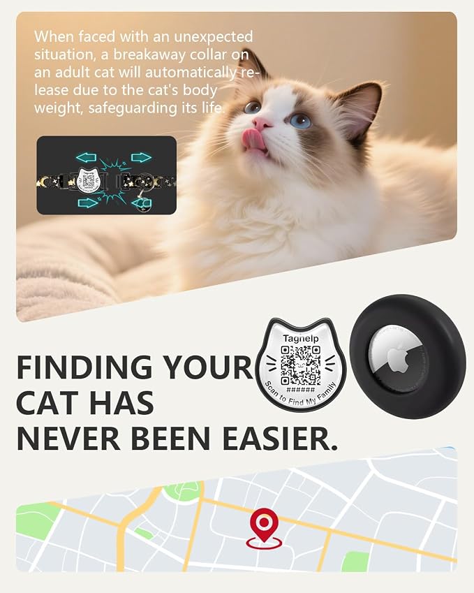 Smart QR Code Cat Collar with AirTag Holder,Star and Moon Breakaway Adjustable Kitten Collar with Pendant & Glow, Cute Pet Accessories for Girls & Boys, Pet Gifts(Black)