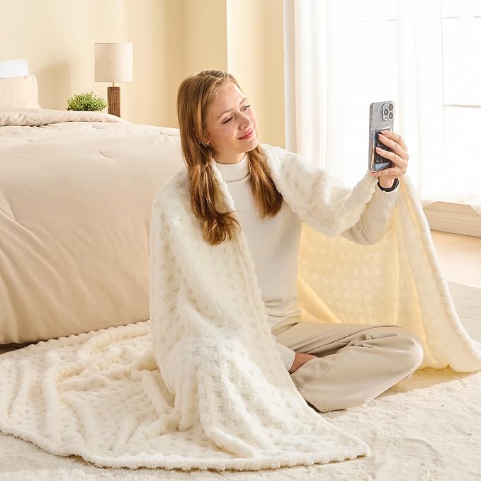 NEWCOSPLAY 3D Waffle Checkered Flannel Queen Blanket, Ivory, 90"x90" | Super Soft Cute Lightweight Decorative Premium Silky Fleece Blanket for Couch Sofa Bed, Gift for Women Men, All Season Use