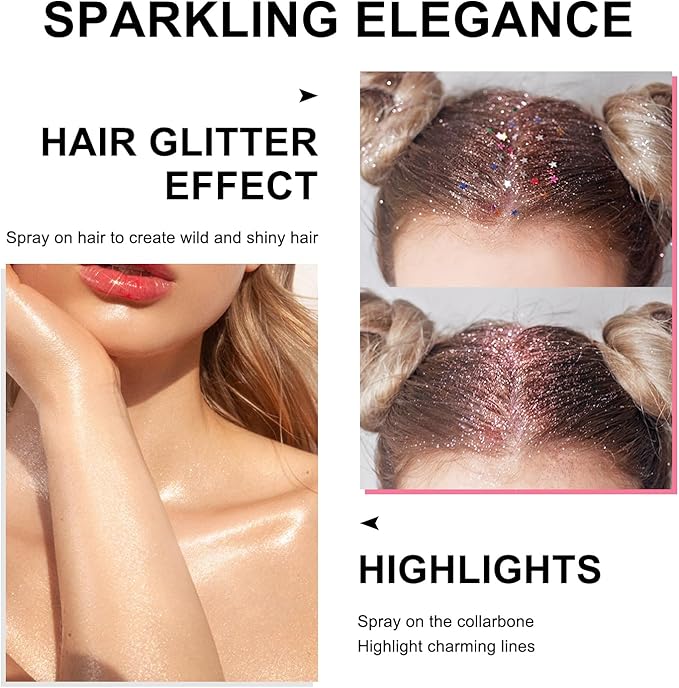 Hair and Body Glitter Spray, Holographic Glitter Highlighter Powder, Hairspray for Clothes, Face Body Shiny Glitter, Loose Shimmer Hairspray Festival Rave Prom Accessories, 4.22 Fl Oz (Silver)
