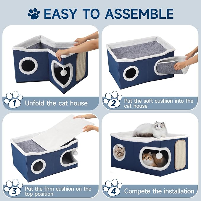 Shikha Extra Large Cat House Bed for Multi Cats with Scratch Pad Blue | 24 x 17.7 x 12.6 IN Widen Cat Cave Cube for Multi Pets, Foldable, Arc-Edge Design, Oval Door, All Seasons Reversible Cushion