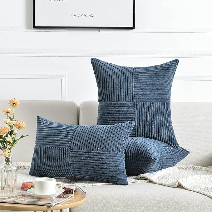 Fancy Homi Dusty Blue Decorative Throw Pillow Covers 16x16 Inch for Living Room Couch Bed Sofa, Farmhouse Boho Home Decor, Soft Corss Patchwork Corduroy Textured Square Cushion Case 40x40 cm