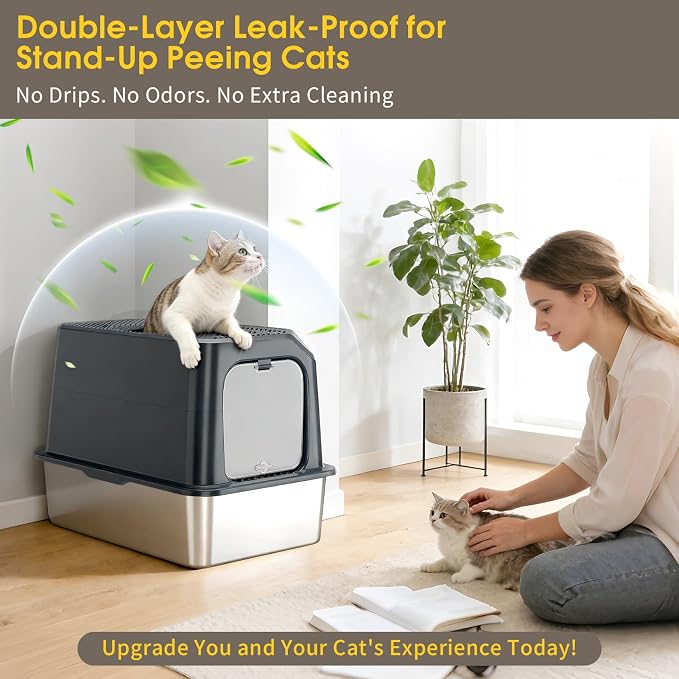 Enclosed Stainless Steel Litter Box with Lid for Most Adult Cats | 50% Thicker Metal, Leak-Proof High Sides, 3-in-1 Convertible, Non-Stick Surface, Odor Resistant, Easy Clean
