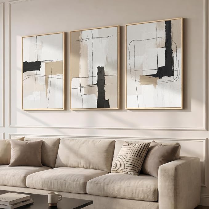 Large Framed Neutral Abstract Wall Art for Living Room, Set of 3 Modern Black and White Beige Canvas Prints Paintings Artwork for Walls, Minimalist Pictures for Bedroom Hallway Wall Decor 24x36 In