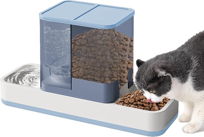 Yummy Sam Automatic Small Pet Feeder and Water Dispenser, Blue | 2 in 1 Gravity Cat Auto 1.5L Pet Feeder and 1L Waterer Set, Feeder Dish for Small Medium Pets Dog Puppy Kitten