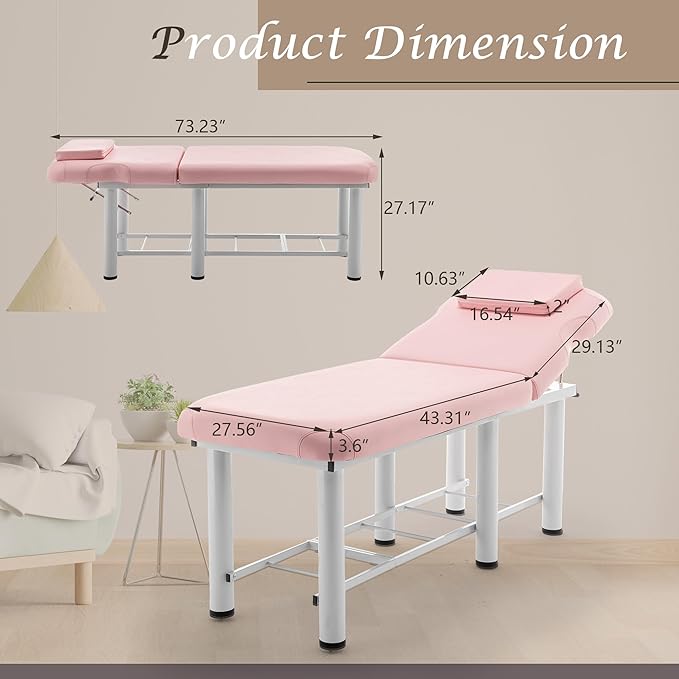 Professional Massage Bed 73 Inch, Treatment Table Salon Bed with Removable Headrest, Stationary Physical Therapy Table Spa Facial with Adjustable Backrest, Steel Frame, Pink