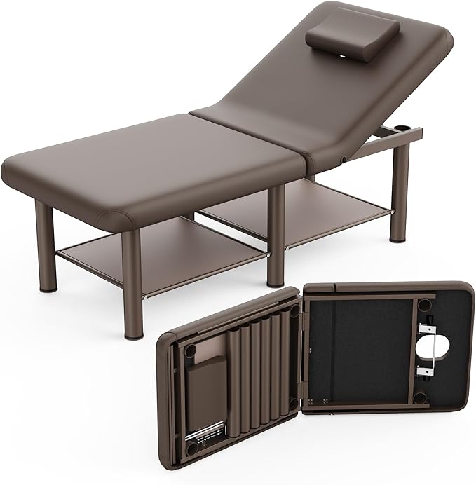 Folding Stationary Massage Table with Backrest and Storage Space for Treatment Table Physical Therapy Table Spa Facial Bed, 6 Round Legs Metal Frame PU Leather, 30.5'' Wide × 75'' Long - Brown