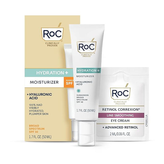 RoC Multi Correxion 1.5% Pure Hyaluronic Acid Anti Aging Daily Face Moisturizer with Sunscreen, SPF 30 Broad Spectrum Moisturizer + Retinol Eye Cream Packette