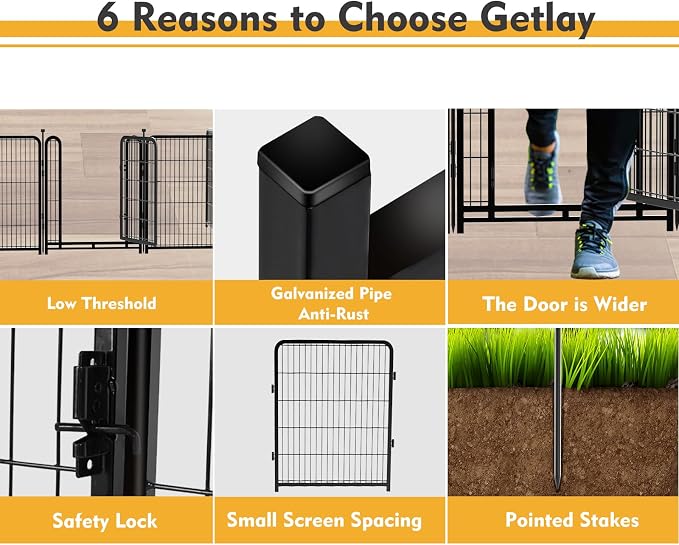 Getlay Dog Playpen 36inch 4 Panels, Puppy Playpen Indoors, Dog Fences Outdoor for Yard, Wide Door Low Threshold Garden Fencing for Medium/Large Pets. Black Pens Total 8.9 Ft(L)