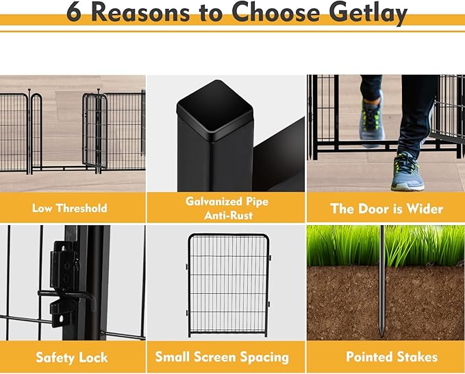 Getlay Dog Playpen 48 inch(H) 8 Panels Total 17.7 Ft(L) Dog Fence Outdoor for Yard. Wide Door Low Threshold，Metal Dog Pen Heavy Duty Pet Puppy Exercise Pen for Rv Camping Garden Yard