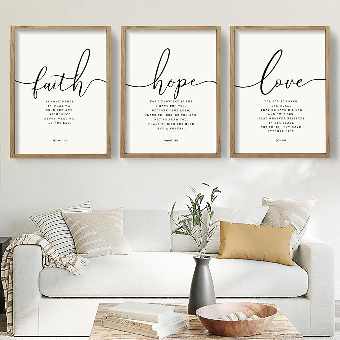 Houmury Set of 3 Framed Farmhouse Bible Verses Wall Decor Sign 11”x14” Christian Faith Scripture Wall Art for Home Bedroom Wall Decor (11"x14" Brown)