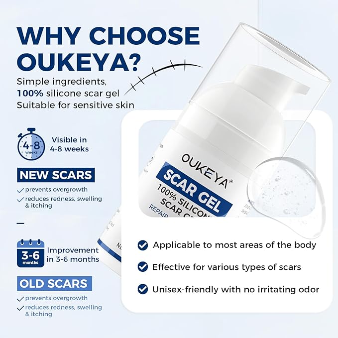 OUKEYA Silicone Scar Gel - 100% Silicone Cream Perfect for Sensitive Skin, Say Goodbye to Old and New Scars (30ml)