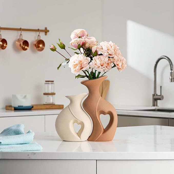 Beige and Brown Ceramic Vase Set of 2，Heart Shaped Home Decor | Nordic, Modern, Table Centerpiece Dining Living Room Office Coffee Table Wedding House Decoration, H 8.5 Inches