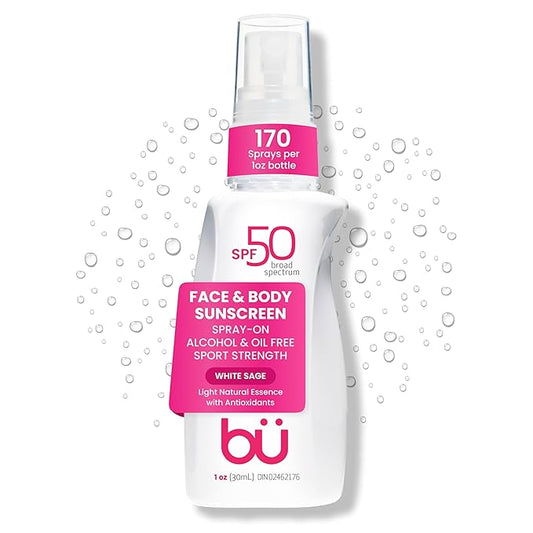 BU SPF 50 Sunscreen Spray for Face and Body, TSA Travel Size Sunscreen, Clear, Non Greasy, Water Resistant, for Sensitive Skin, White Sage 1 oz