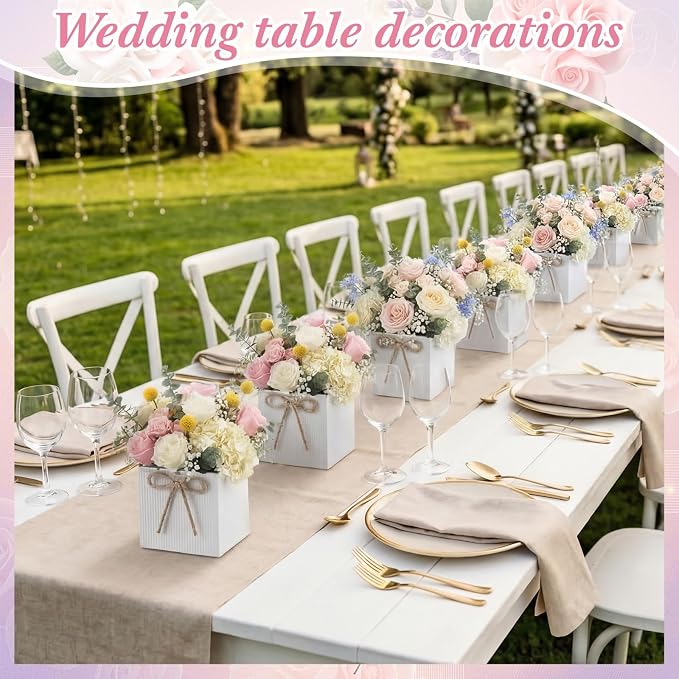 12 Pack Galvanized Square Vases with Floral Foam, 3.5 inch Waterproof Rustic Tin Buckets with Twine Bows, Mini Farmhouse Metal Planter Centerpieces for Wedding Party Table Decor(White)