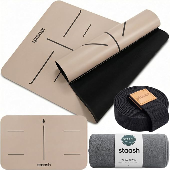STAASH Premium Yoga Set – PU & Natural Rubber Mat + Towel + Strap + Knee Pad – Non-Slip Grip, Eco-Friendly, Studio Quality