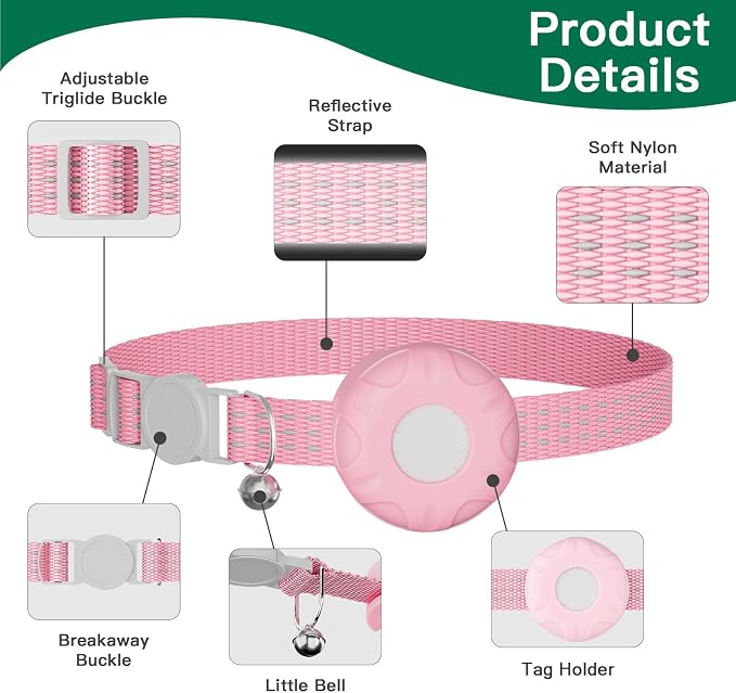 Cat Tracker, GPS Tracker Compatible with Apple Find My App(Only iOS), Waterproof Cat Tracker Collar with Bell and Safety Elastic Buckle, No Monthly Fee, Pet Trackers for Vehicles, Pets, Kids (Pink)