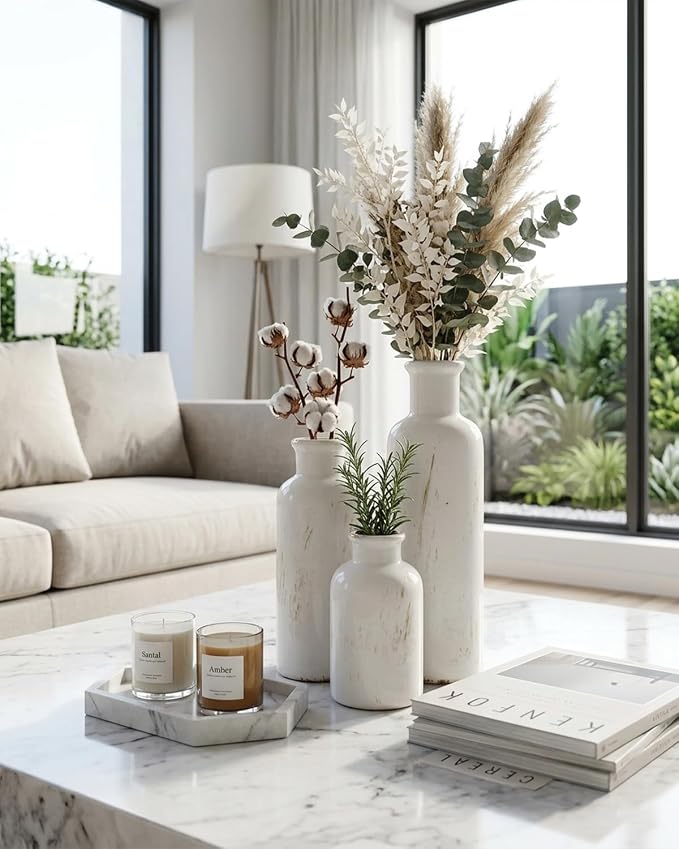 White Ceramic Vase Set of 3, Vintage Vases for Flowers and Home Decor | Distressed crackle glaze for tables, bookshelves, mantels, kitchens and offices