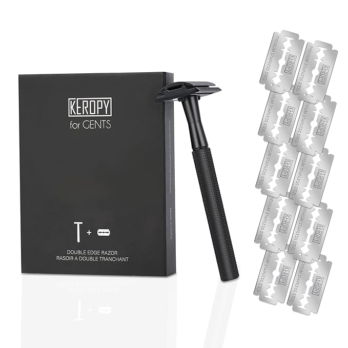 KEROPY Eco-Friendly Safety Razor With 10 Premium Stainless Steel Blade Safety Razors For Men Shaving Razor, Smooth Wet Shave Experience, Gun Black