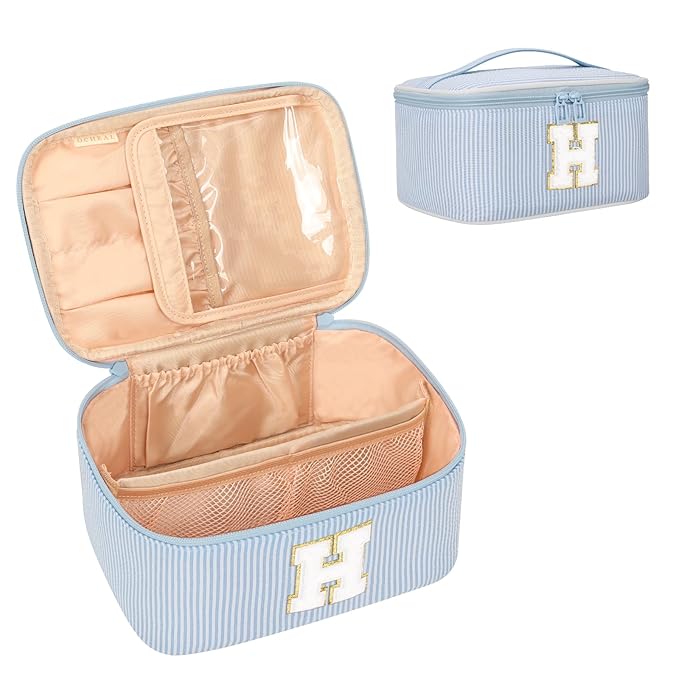 OCHEAL Makeup Bag Valentines Day Gifts for Women, Monogram Cosmetic Bag Blue Travel Makeup Case Beauty Toiletry Bag Organizer Personalized Gifts for Girls Bridesmaid, Sister, Wife, Friends Initial H