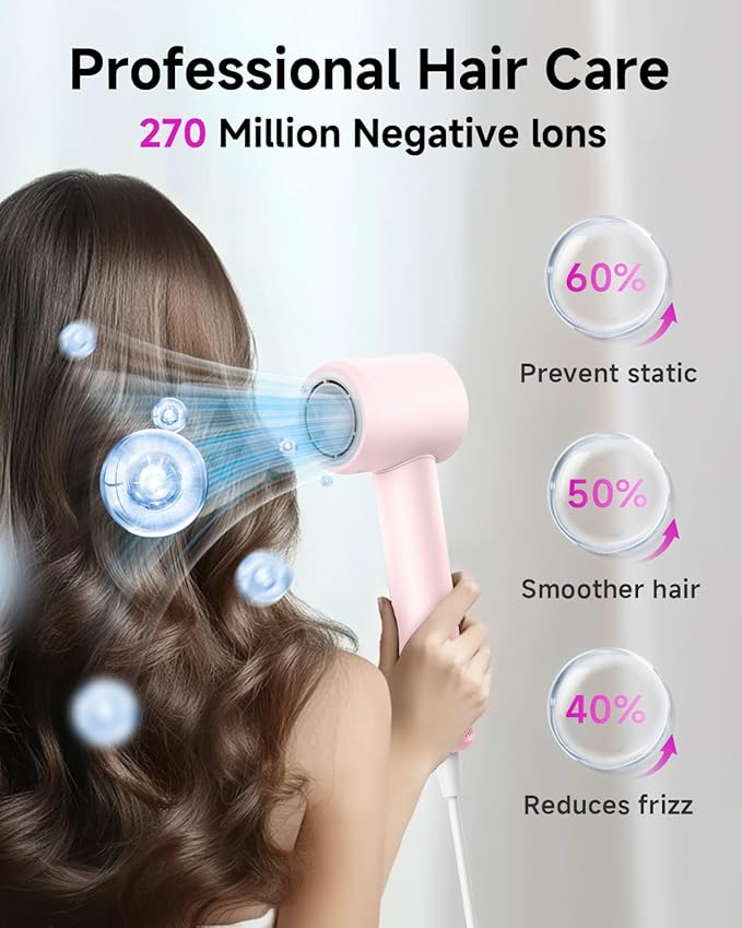PLUZZ Ionic Hair Dryer with Diffuser, Professional High-Speed Blow Dryer for Women & Men, 110,000 RPM Brushless Motor Fast Drying & Low Noise, Thermo-Control, Lightweight for Travel/Home (Pink)
