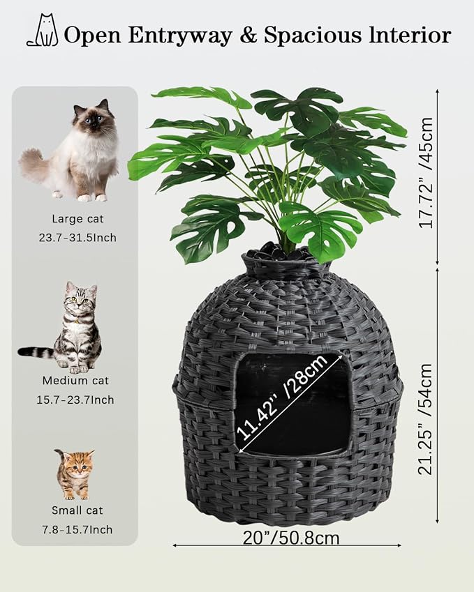 SETVSON Cat Litter Box Plant Furniture Enclosure, PE Rattan House, Black | Decorative Planter Design, Easy Clean, Artificial Plants & Real Stones Included, Private Inner Litter Box, 20" x 20" Compact