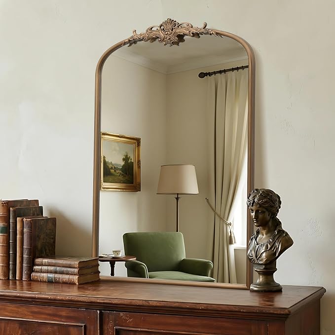 Besdomus Antique Large Wall Mirror: 24"x36" French Brass Gold Vanity Mirror | Vintage Metal Framed Decorative - Baroque Traditional Ornate for Entryway/Bathroom/Bedroom - Ideal for Bathroom Renovations