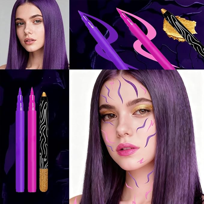 Mysense Makeup Kit,Halloween Face Cosplay Accessories for Women and Kids,Purple Waterproof Eyeliner+Fuchsia Liquid Eyeliner+Gold Shimmer Eyeshadow Stick