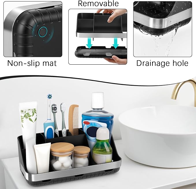 GFWARE Black Toothbrush Holder - 7 Slots Bathroom Organizer Countertop with Drainage Matte Black Electric Toothbrush and Toothpaste Holder for Bathroom Accessories Sink Storage