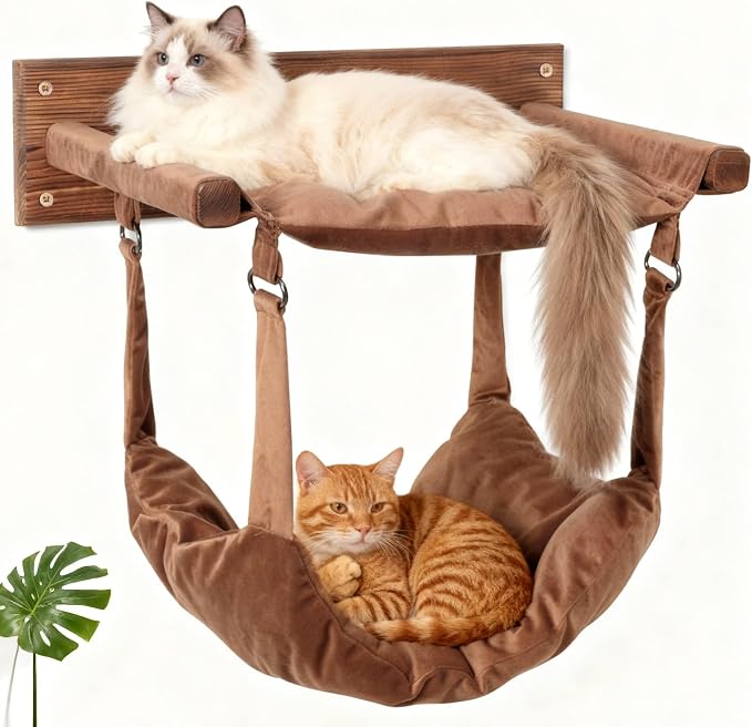 JSPYFITS Wooden Cat Furniture Wall Mounted, Double Layer Hammock, Large Size 18.9″ Removable Multi-Function Cat Bed for Sleep/Play/Climb, Kitten Window Perch, Easy DIY Installation(Brown)