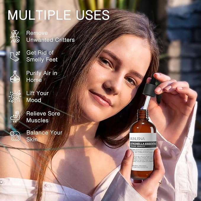 Citronella Essential Oil 100ML, 100% Pure and Natural Citronella Oil Premium Grade Aromatherapy Oil for Skin Care, Massage, Homemade Sprays, Diffuser, Air Freshening, Candle and Soap Making
