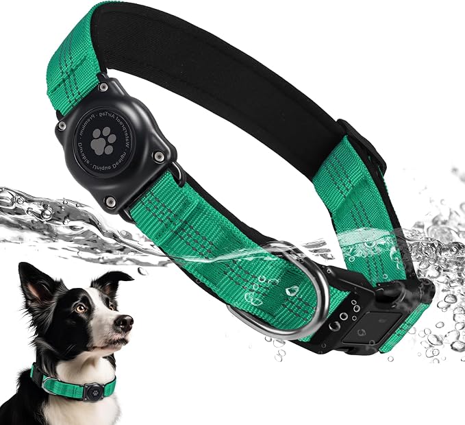 Upgrade Dog Collar with AirTag Holder, IP68 Waterproof, Teal, XL | Built-in Water Resistant AirTag holder, 1000D Nylon, Reflective Stitching for Night Visibility, Soft padding for Comfort