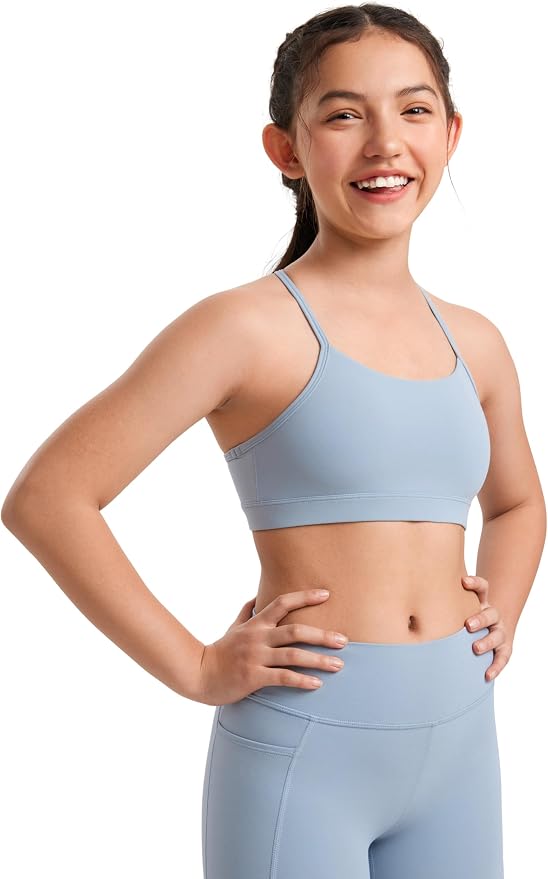 CRZ YOGA Girls Butterluxe Y Back Sports Bra - Yoga Athletic Casual Tops Scoop Neck Spaghetti Strap Padded Crop Kids Teen