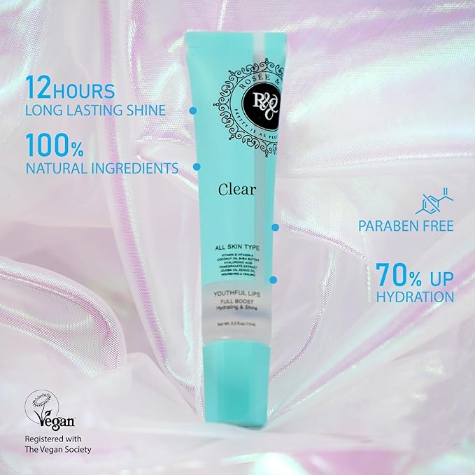Rosee Lip Gloss Vegan & Cruelty Free Treatment, Professional Make up, Long Lasting Glossy with Shea Butter, Moisturize, Protect & Smooth, High Shine, Non-Sticky - Clear, 05 Fl oz