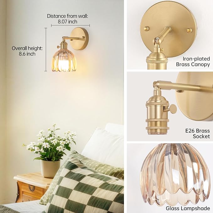 Shenmoyl Vintage Battery Operated Wall Sconce with Amber Tulip Glass Lampshade Rechargeable Battery Powered Wall Light with Remote Control for Bedside Bedroom Doorway, Set of 2