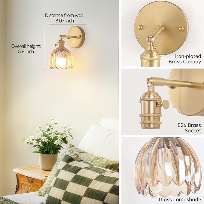 Shenmoyl Vintage Battery Operated Wall Sconce with Amber Tulip Glass Lampshade Rechargeable Battery Powered Wall Light with Remote Control for Bedside Bedroom Doorway