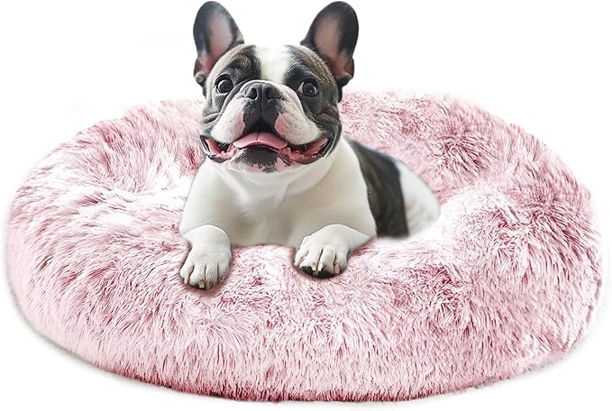 JOLLYVOGUE Calming Dog Bed Medium Size Dog, Anti-Anxiety Donut Medium Pet Bed, 27 inches Fluffy Faux Fur Round Cat Bed (Smoke Pink)