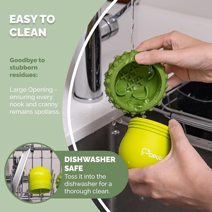 POPUPJOYS Interactive Treat Dispensing Dog Toys for Mental Stimulation & Healthy Eating | Enrichment Treat Toy with Detachable Lid for All Dog Sizes | Food-Grade Silicone, Dishwasher Safe (Green)