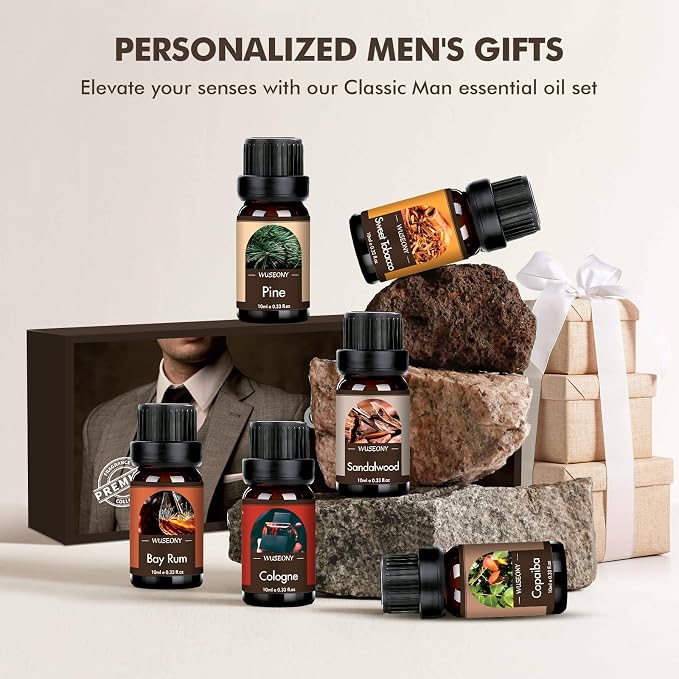 WUSEONY Classic Man Fragrance Oils Set, Mens Essential Oils Set - Pine, Sweet Tobacco, Bay Rum, Cologne, Copaiba, Sandalwood Candle Scents for Candle Making, Soap Making Supplies, Diffuser Oil Scents