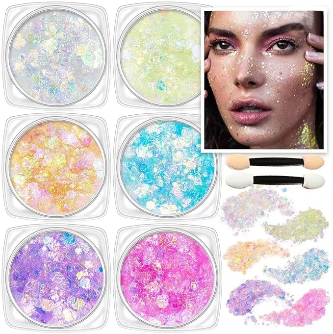 Body Glitter Face Glitter Colorfu Hair Glitter Gel Halloween Face Paint Rave Makeup Glitter Festival Face Gems 6 Shapes Chunky Glitter Gel for Women Girls