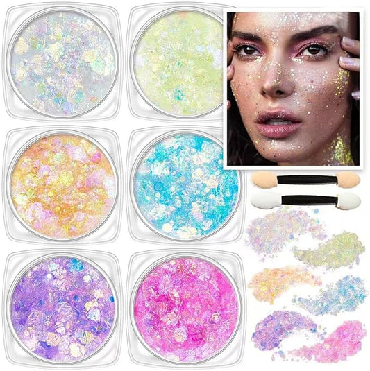 Body Glitter Face Glitter Colorfu Hair Glitter Gel Halloween Face Paint Rave Makeup Glitter Festival Face Gems 6 Shapes Chunky Glitter Gel for Women Girls
