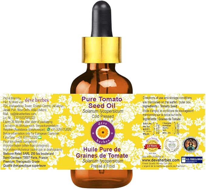 Deve Herbes Pure Tomato Seed Oil (Solanum lycopersicum) with Glass Dropper Cold Pressed 100ml (3.38 oz)