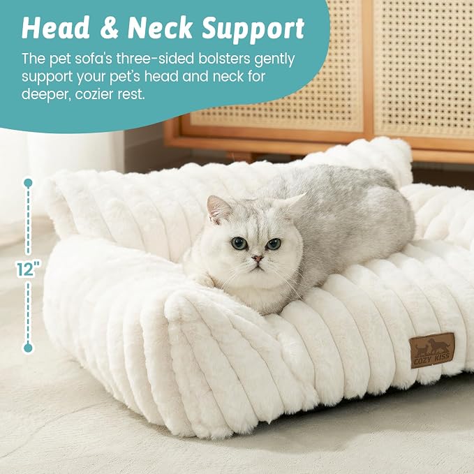 COZY KISS Cute Cat Couch, Fluffy Sofa Bed for Cats and Small Dogs, Premium Faux Rabbit Fur Cats beds for Indoor Cat, Ultra-Soft Supportive Pet Couch Furniture (Cream, S: 25.5''x17.5'')