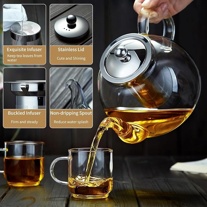 DOPUDO 41OZ (1200ML) Glass Teapot with Infuser Stovetop Safe, Clear Glass Tea Pot Kettle, Borosilicate Tea Pot with Infusers Filter for Loose Tea, Tea Kettle Dishwasher Safe